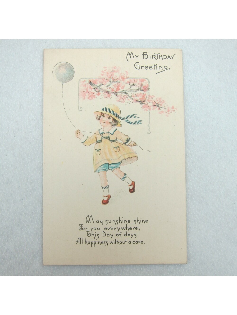 Antique Happy Birthday Children Postcard Little Girl Balloon Cherry Blossom Poem